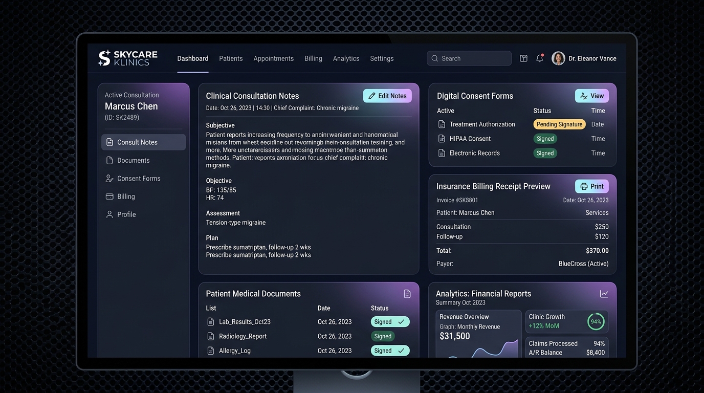 Interface SkyCareKlinics avec notes SOAP, formulaires de consentement et facturation d'assurance